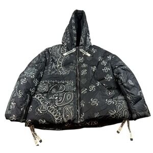 KHRISJOY Puffer Jacket Women 2(L) Black Down‎ Hooded Bandana Print Duck Down